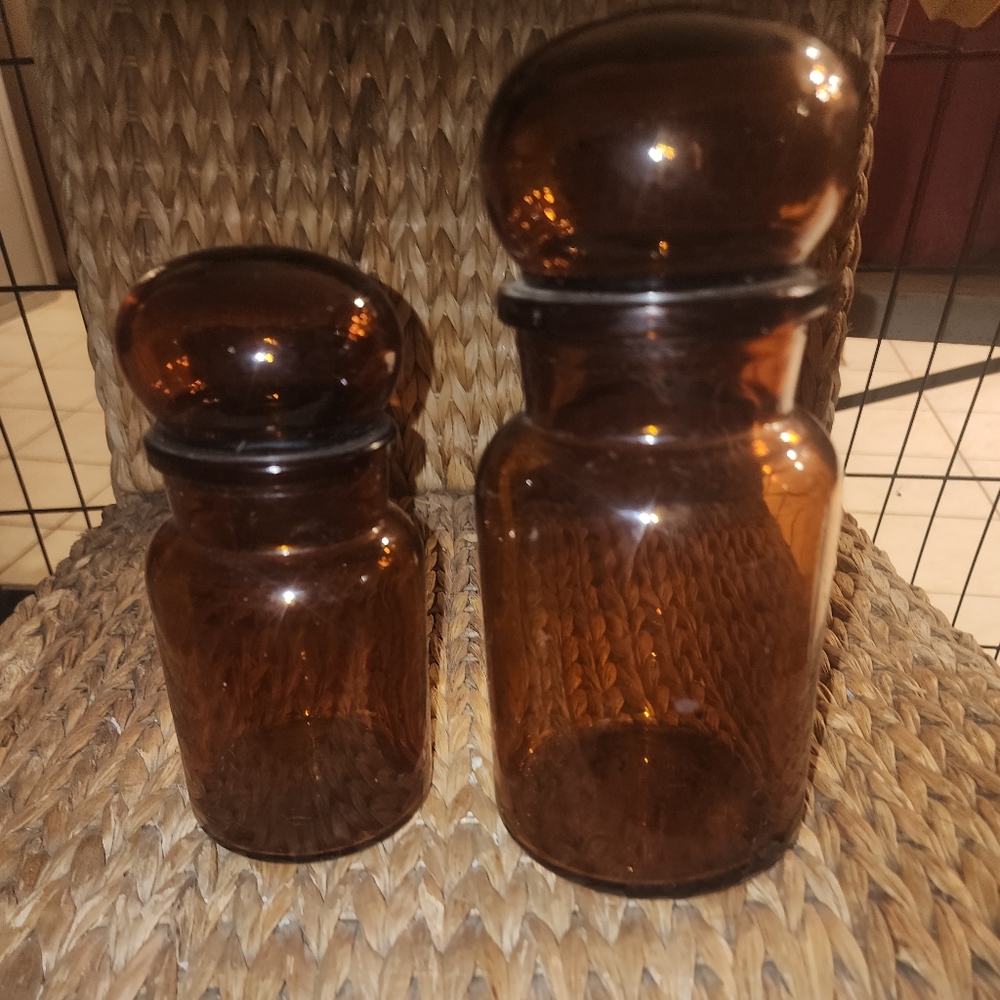 Vintage Set of Two Brown Amber Glass Apothecary Bubble Lid Jars